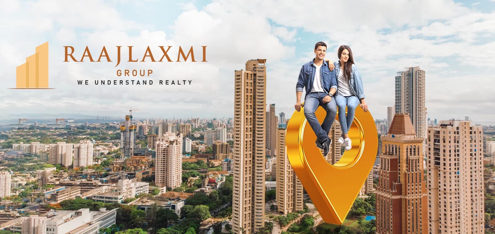 Raajlaxmi Group – We understand realty. A couple sits on a golden location pin above the city skyline.