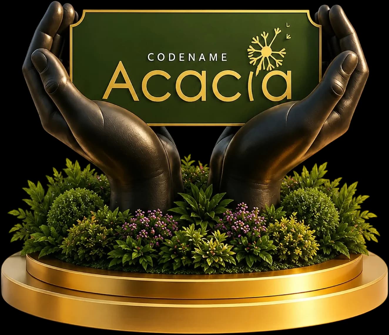 Codename Acacia plaque held in sculpted hands above a bed of greenery