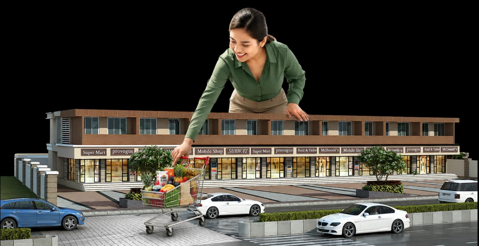 Road-facing shops and offices at Rajlaxmi Acacia with a shopper in the foreground
